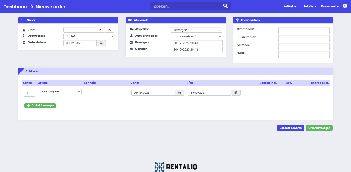 Order aanmaken in Rental IQ Order aanmaken in Rental IQ